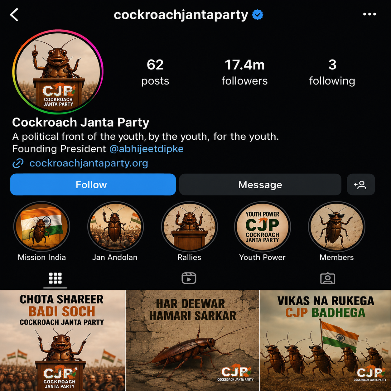 Cockroach Janta Party Instagram account viral 17M followers trend